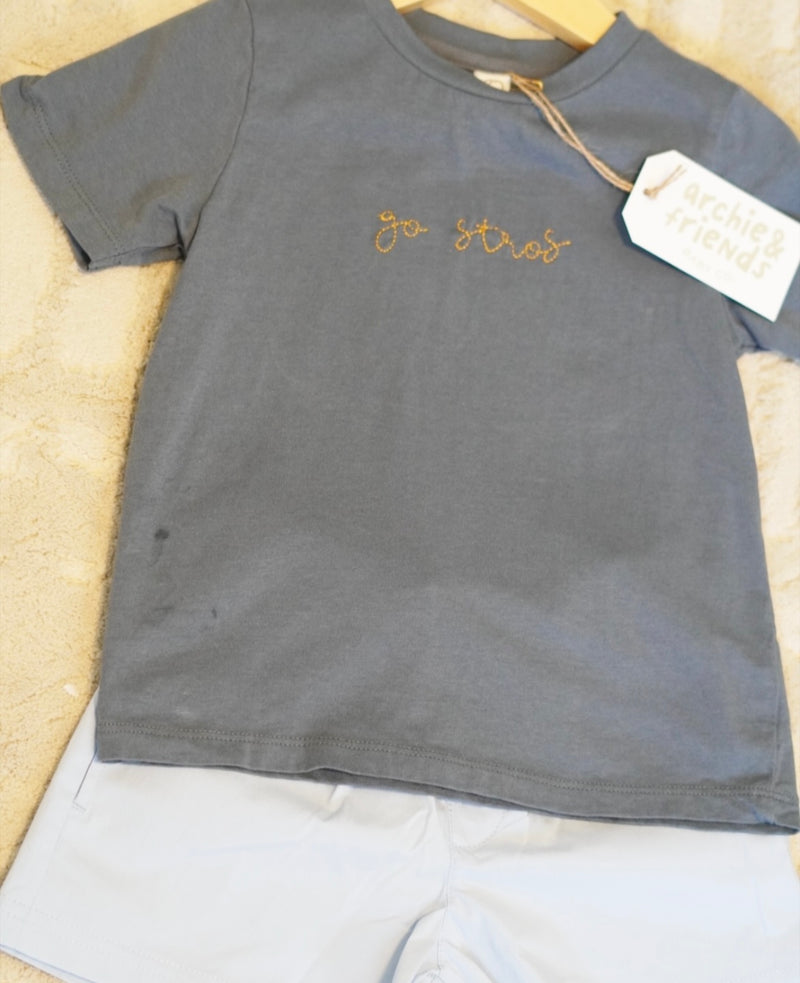GO STROS Blue Embroidered Organic Crew Neck
