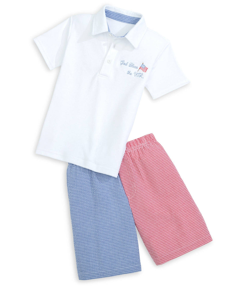 God Bless the USA Knit Embroidered Boys' Polo & Seersucker Short Set