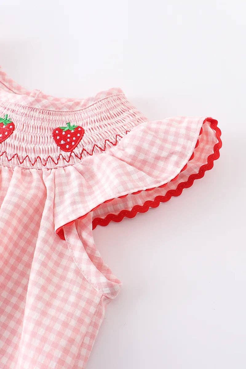 Strawberry Embroidered Plaid Smocked Dress