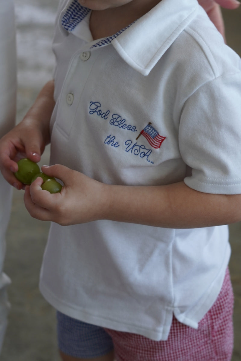 God Bless the USA Knit Embroidered Boys' Polo & Seersucker Short Set