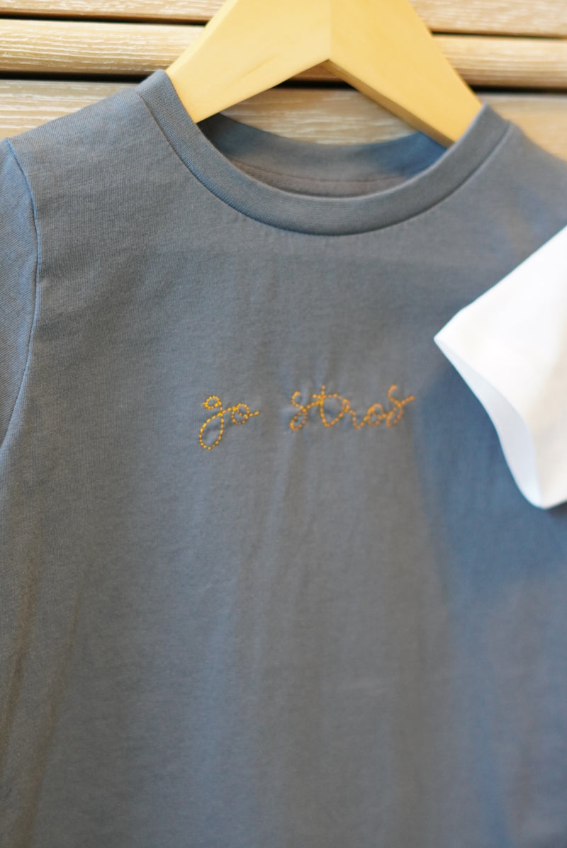 GO STROS Blue Embroidered Organic Crew Neck