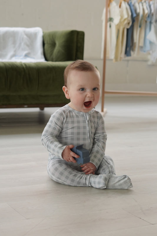 Bamboo Convertible Romper in Fog Gingham