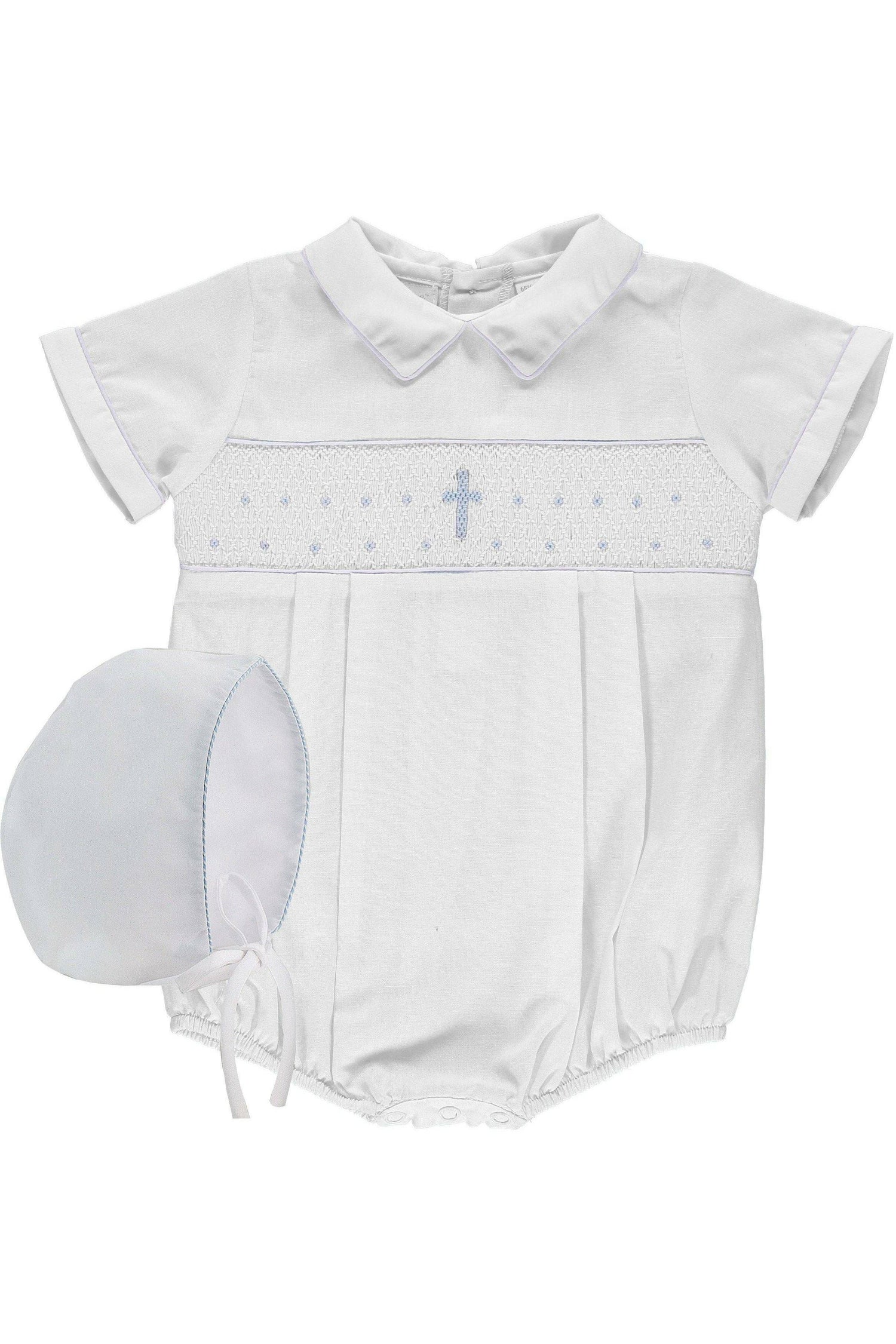 White Smocked Cross Creeper + Bonnet