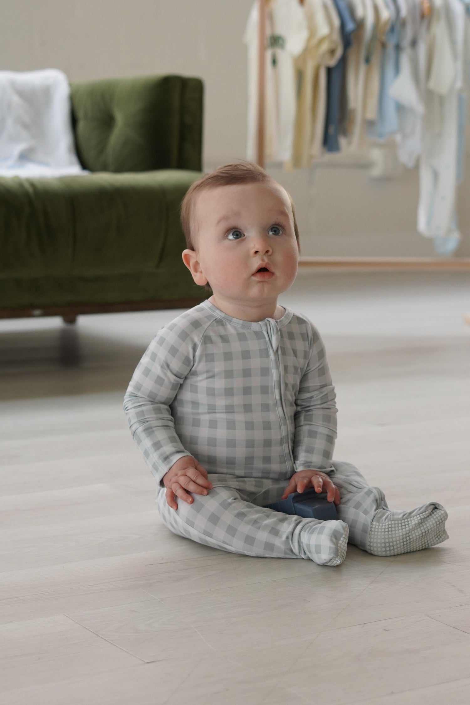 Bamboo Convertible Romper in Fog Gingham